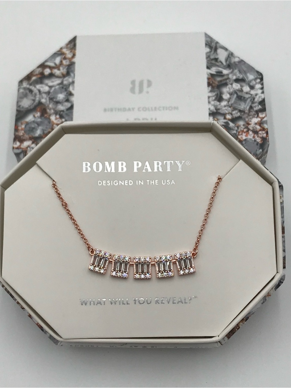 BNWT Bomb Party Birthday Collection Necklace In Box - April 2023
